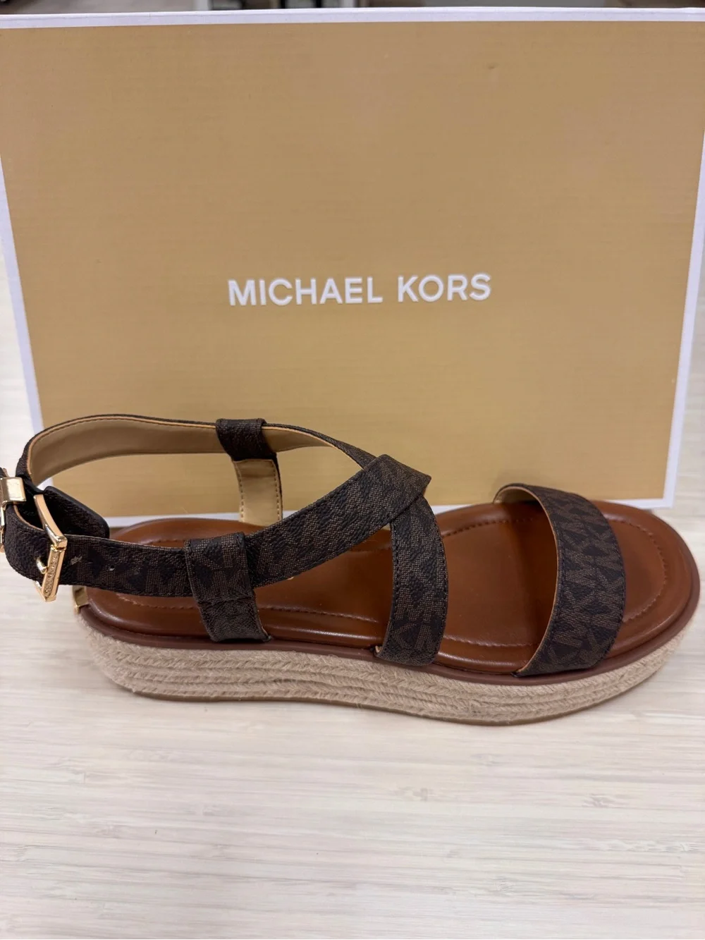 Michael Kors Brown Logo Espadrille Platform Sandal with Gold Buckle